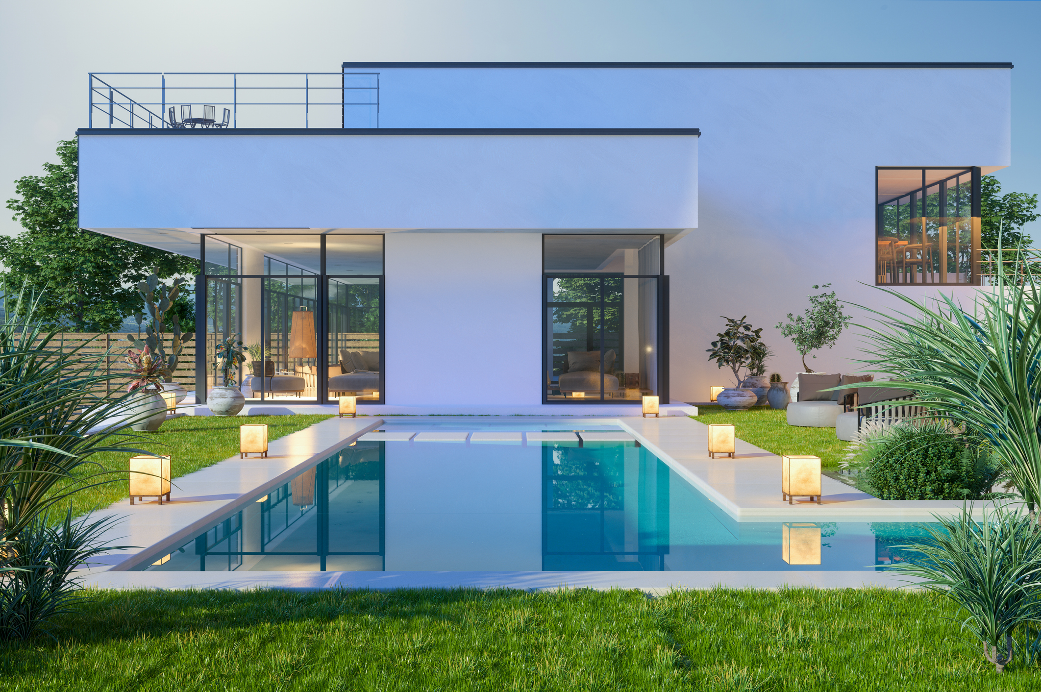 Exterior Of Luxurious Modern Villa With Swimming Pool And Garden - Precision Pools